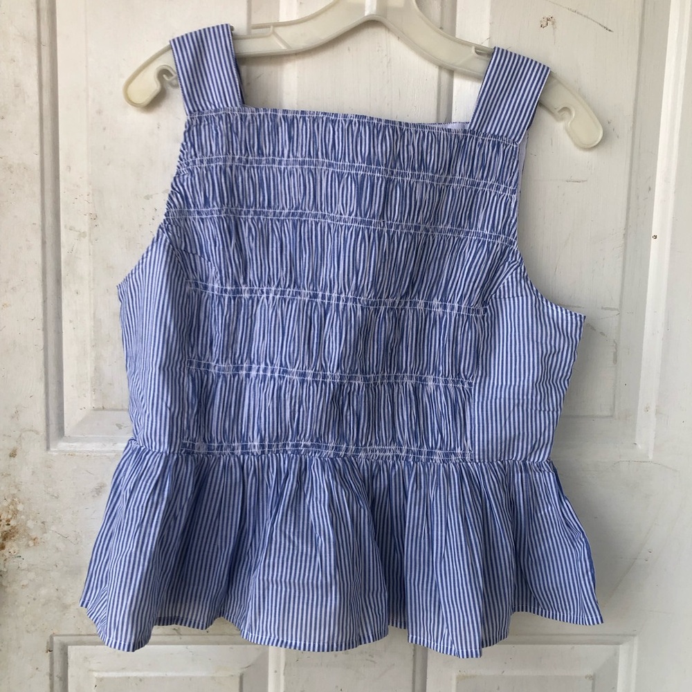 NWT J. Crew Top Womens 10 Striped Smocked Banker Blue Sleeveless 100% Cotton - Picture 5 of 11